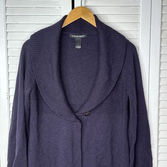 A. Giannetti Purple Merino Wool Blend Cardigan Sweater L Shawl Collar Longline - Picture 2 of 11